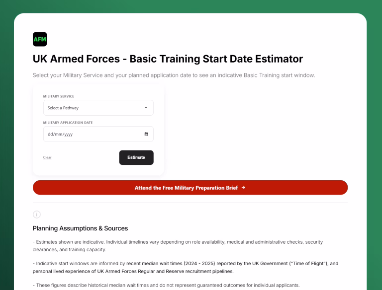 UK Armed Forces Basic Training Start Date Estimator tool for British Army, Royal Navy and Royal Air Force applicants
